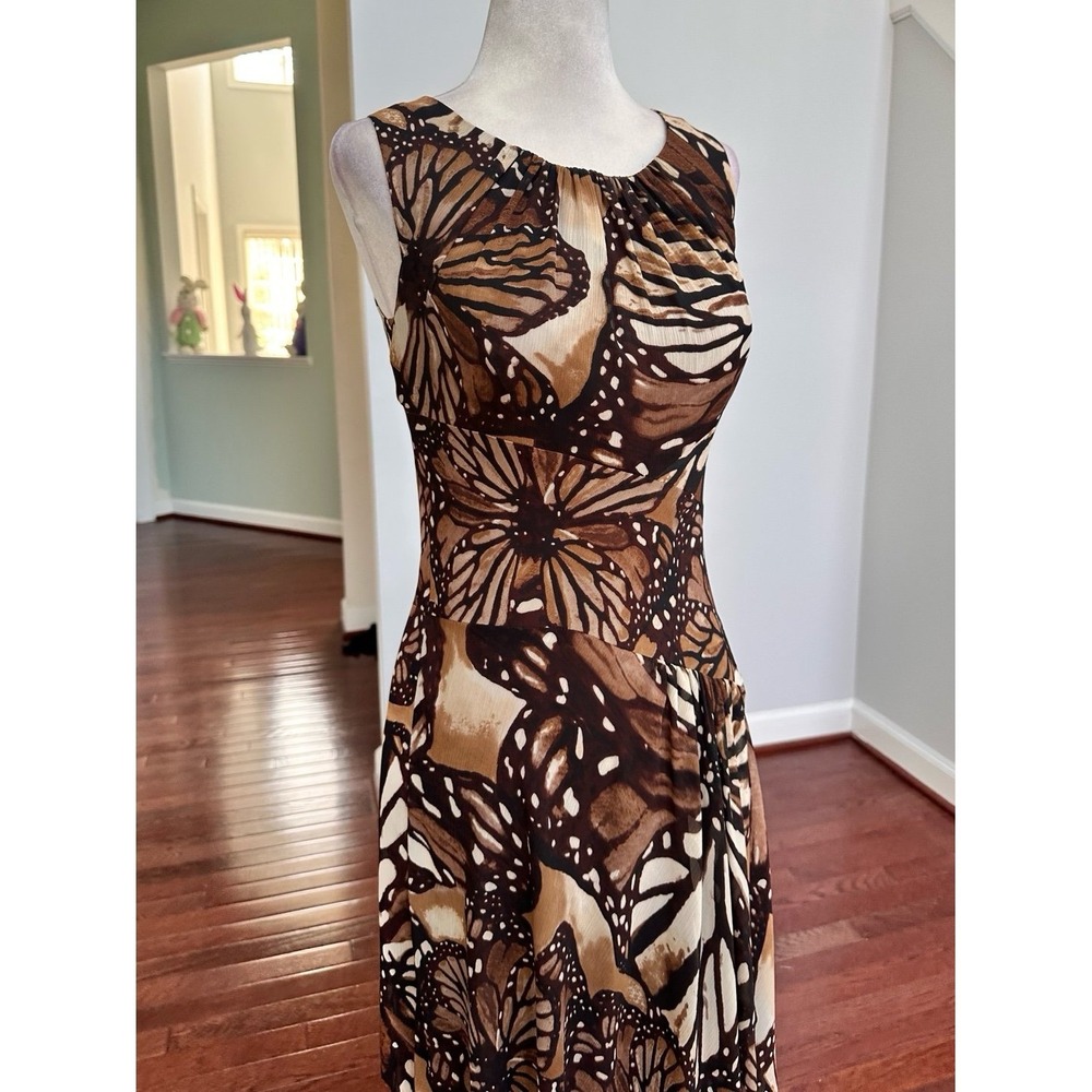 Vintage 2000s Evan Picone Brown Earth Tones Butterfly Asymmetrical Summer Dress - Picture 9 of 12